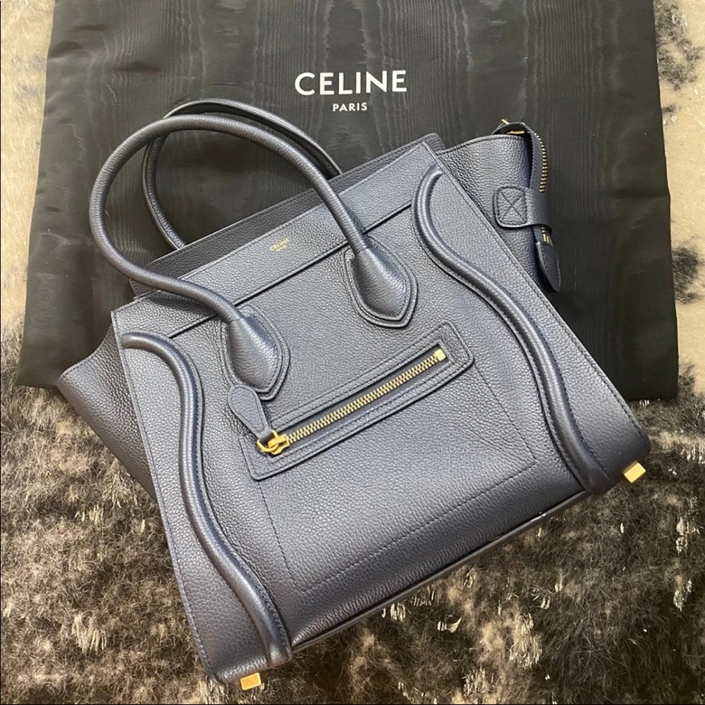 Celine Micro Luggage Handbag in Drummed Calfskin Navy
